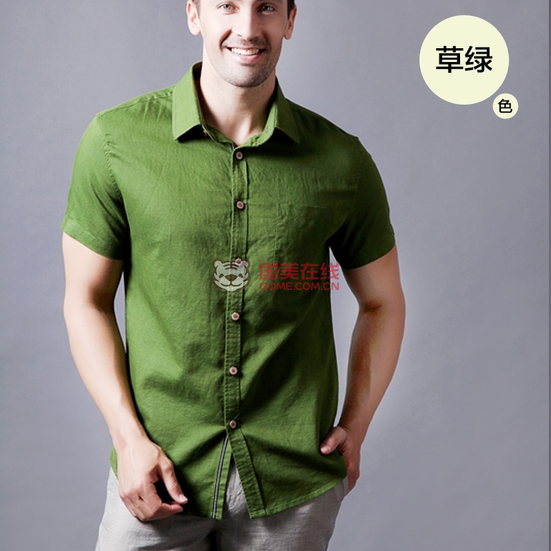 berges男装新款短袖衬衫棉麻夏季纯色方领日常青年型